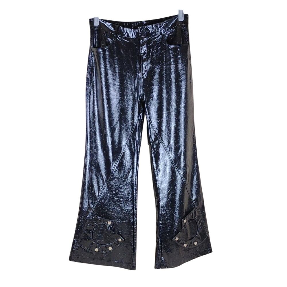 Nerazzurri Shiny Black Faux Leather Y2K Inspired Goth Biker Emo Flared Pants